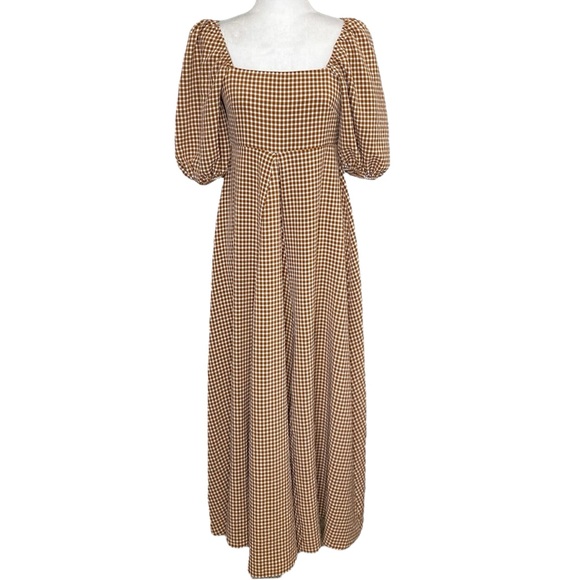 ASOS Dresses & Skirts - Asos Boho Trapeze Maxi Brown Gingham Puff Sleeve Cottage Dress 4 Tall